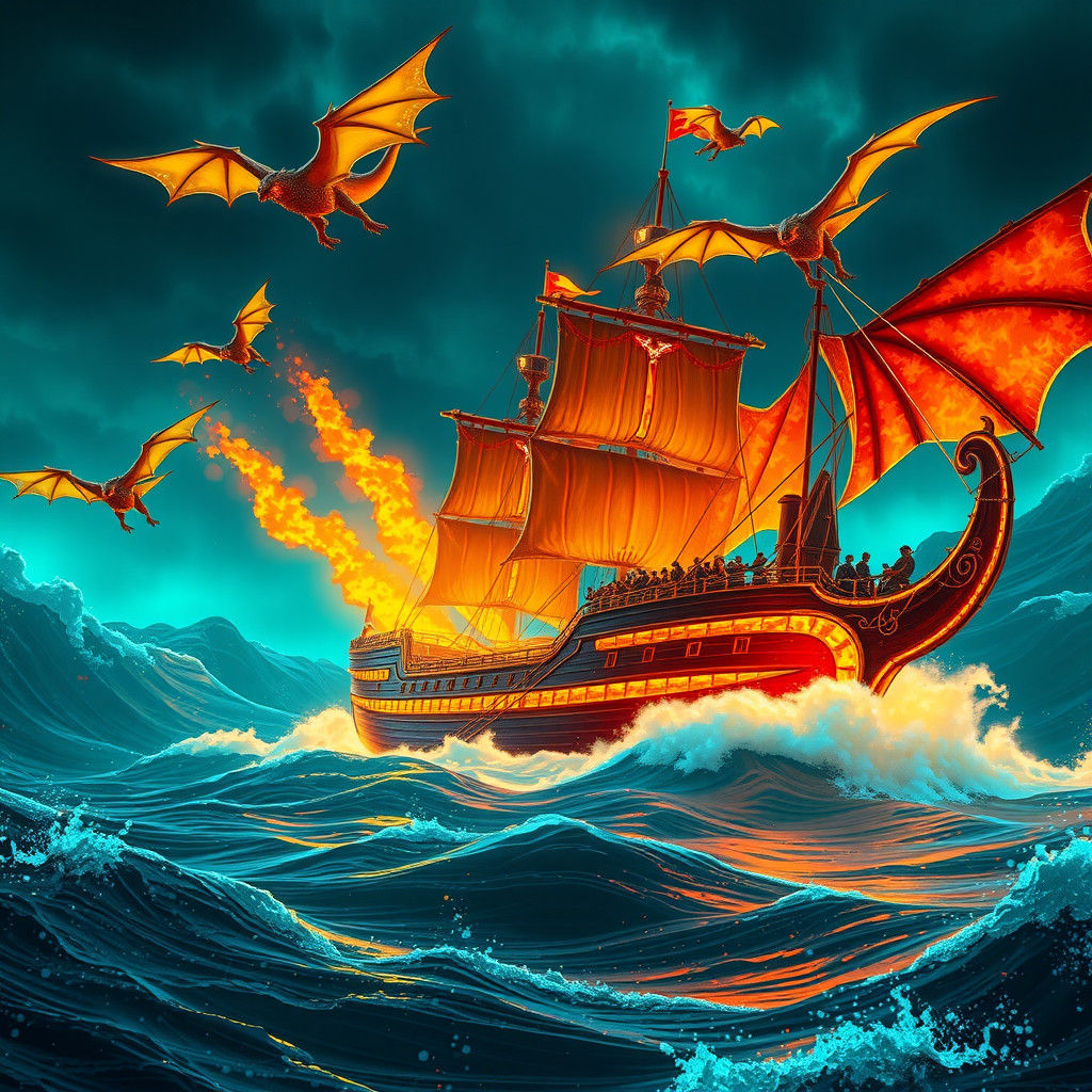 Fiery Ship and Dragons Sailing Through Fluorescent Green Sea