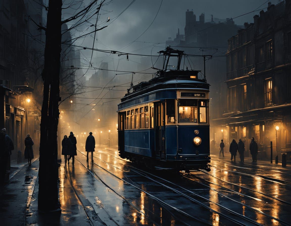 Eerie Night Tram Scene with Glowing Headlights