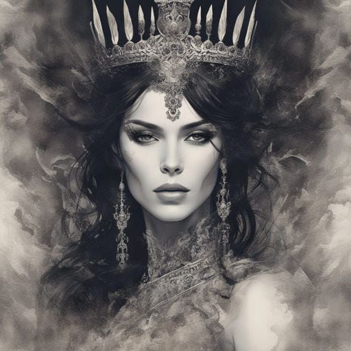 Elegant Dark-Haired Queen Smoking Cigar on Throne