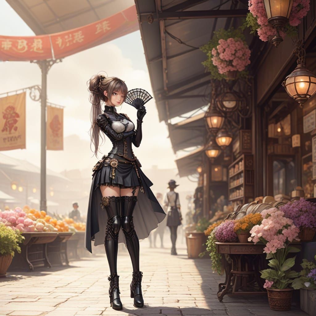Steampunk Cyborg Having Tea in a Floral Market