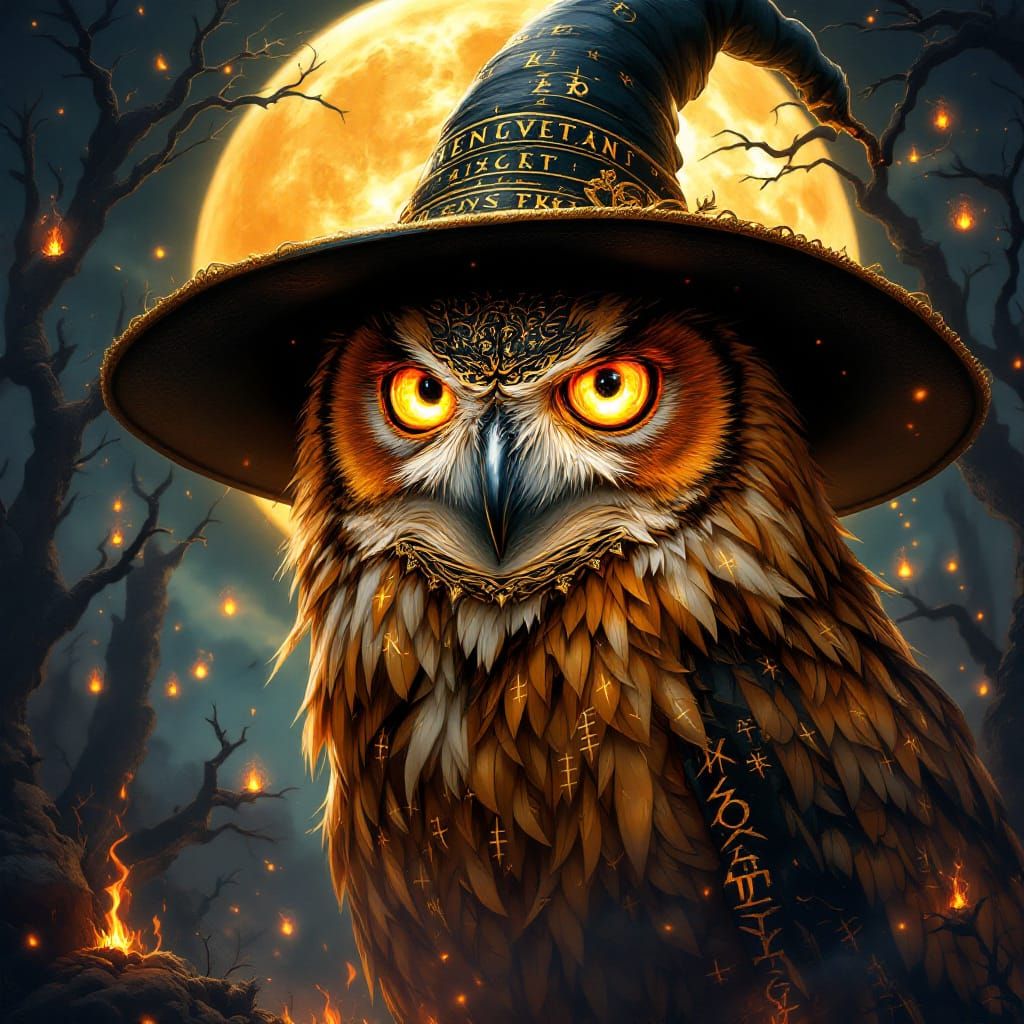 An epic fantasy illustration of a majestic owl, wearing an a...