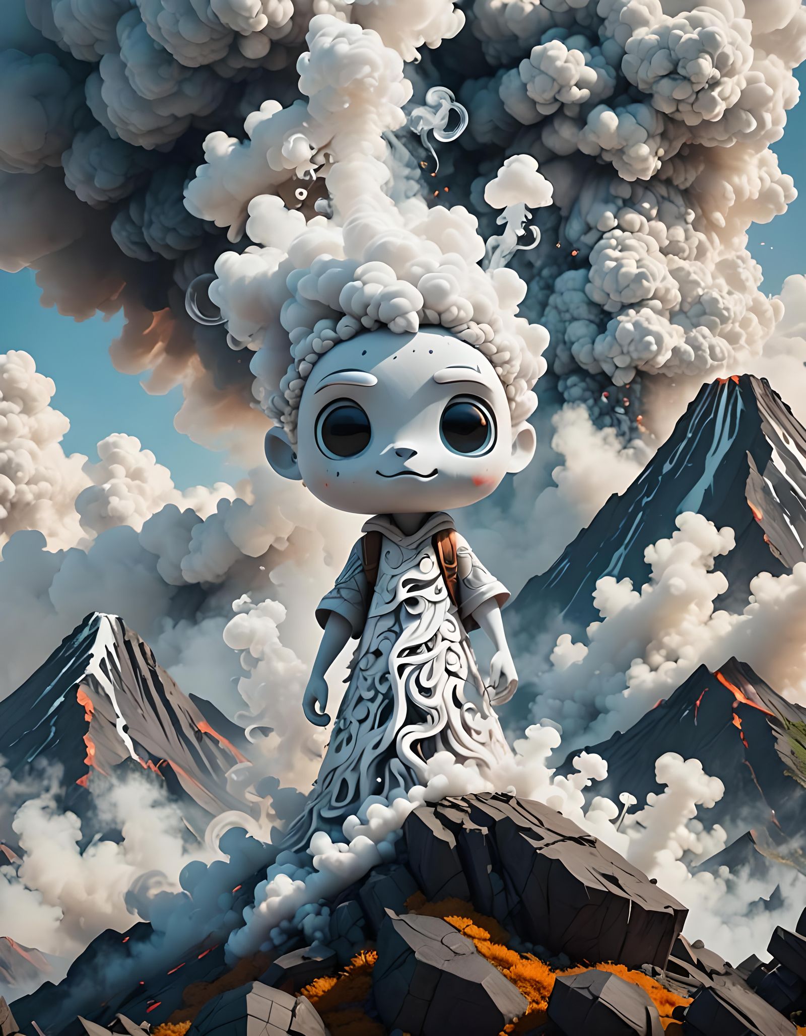 Cute Smoke Elemental with Volcano, Pixar Style