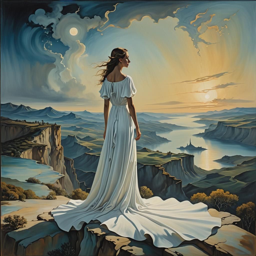 Surreal Woman on Cliff Edge in Dreamlike Landscape