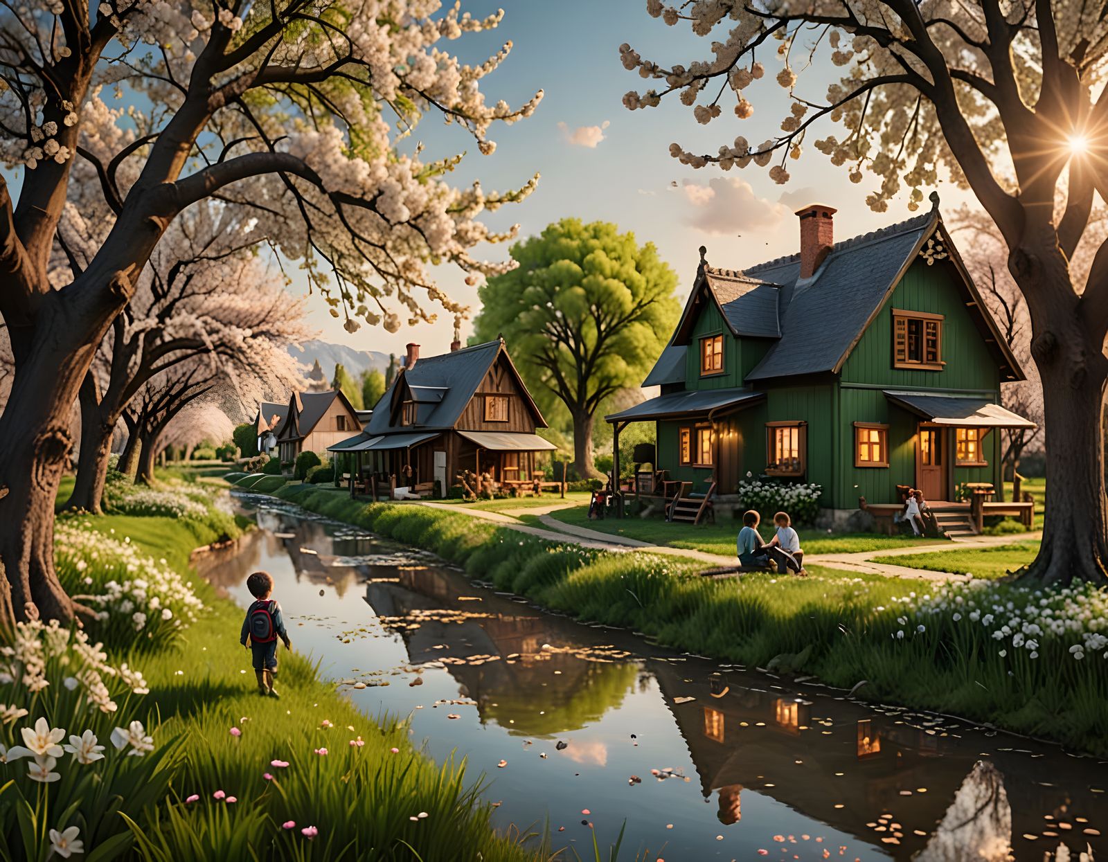 Children in Verdant Garden Oasis at Sunset