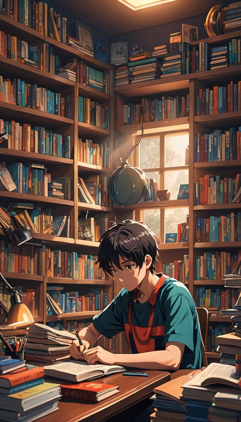 Anime Boy at Desk in Room with Bookshelf