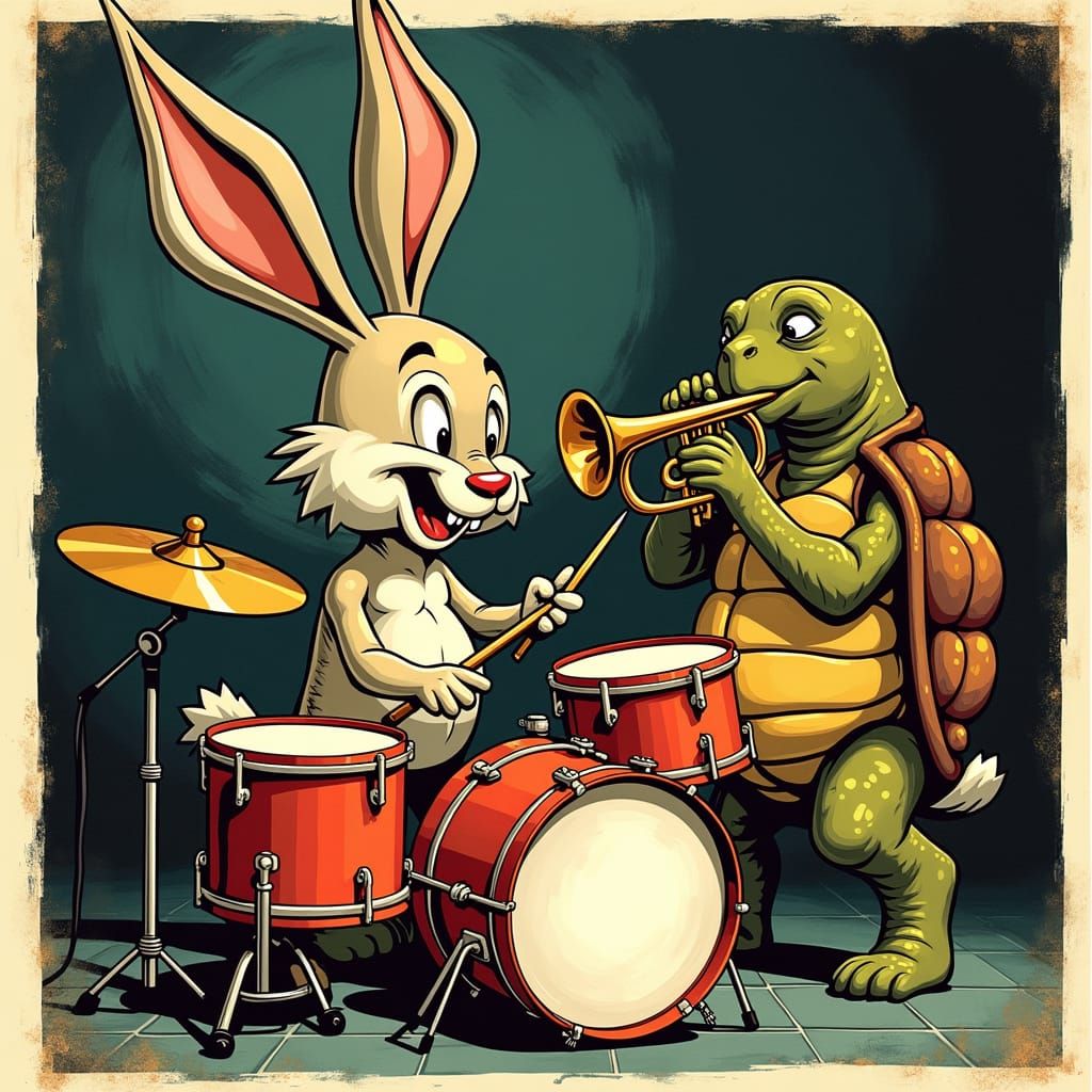 Jazz Age Swamp Rabbit and Tortoise Art Deco Poster