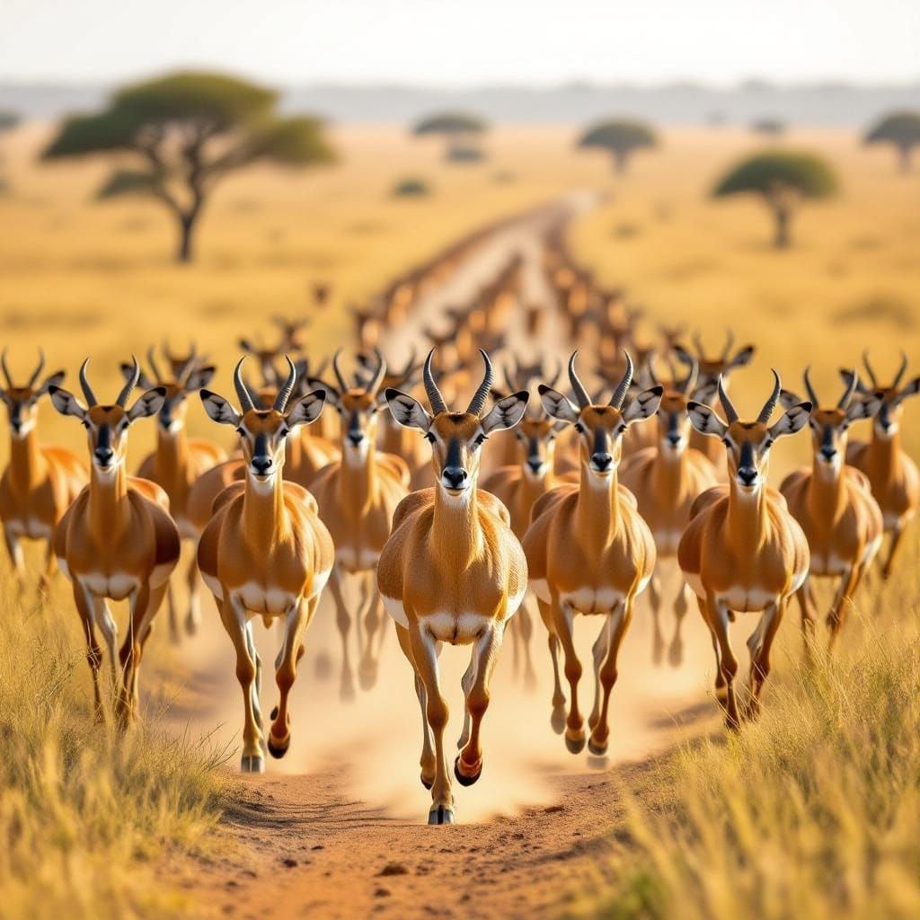 Herd of Antelopes Running Across African Savannah