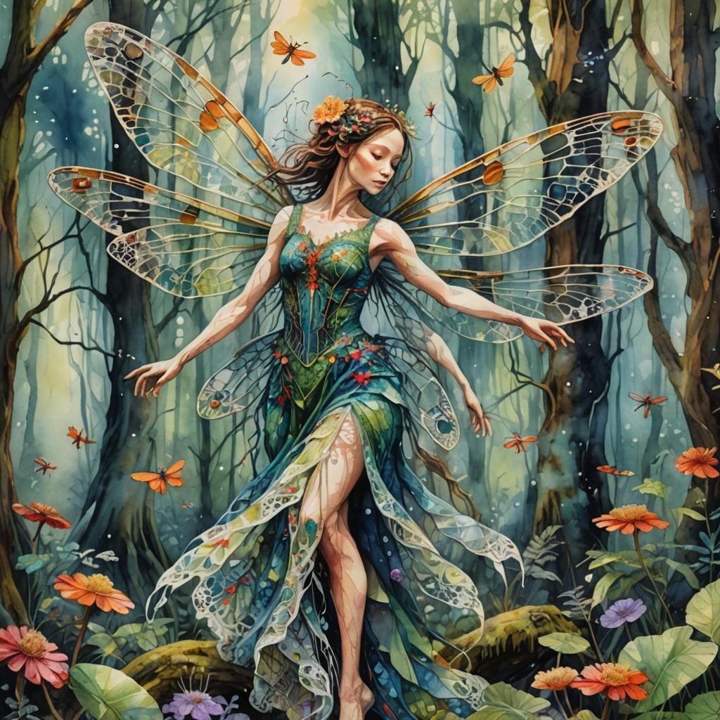 Dragonfly Woman Dancing in Forest, Watercolor Painting