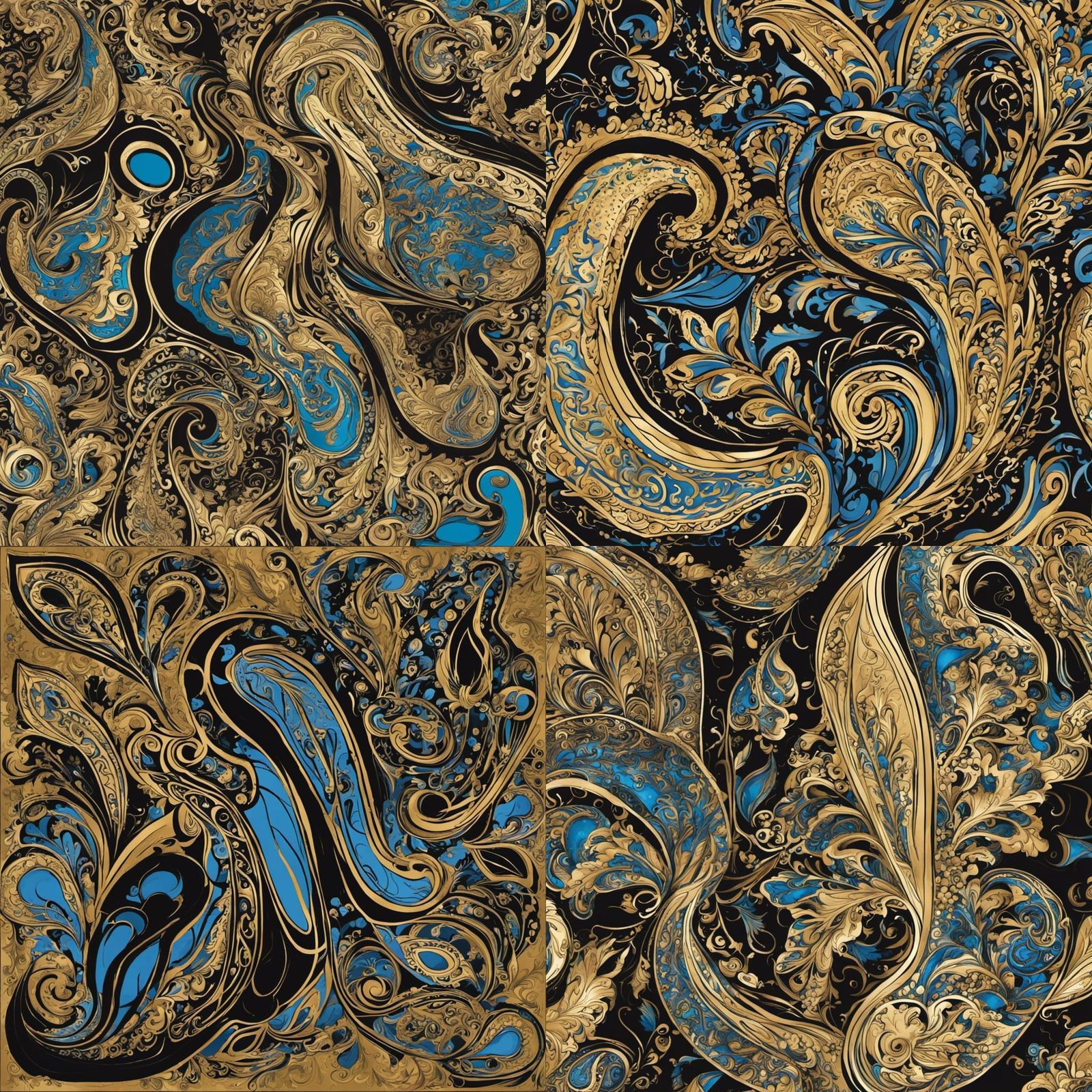 Elegant Gold and Blue Paisley Pattern Abstract Art