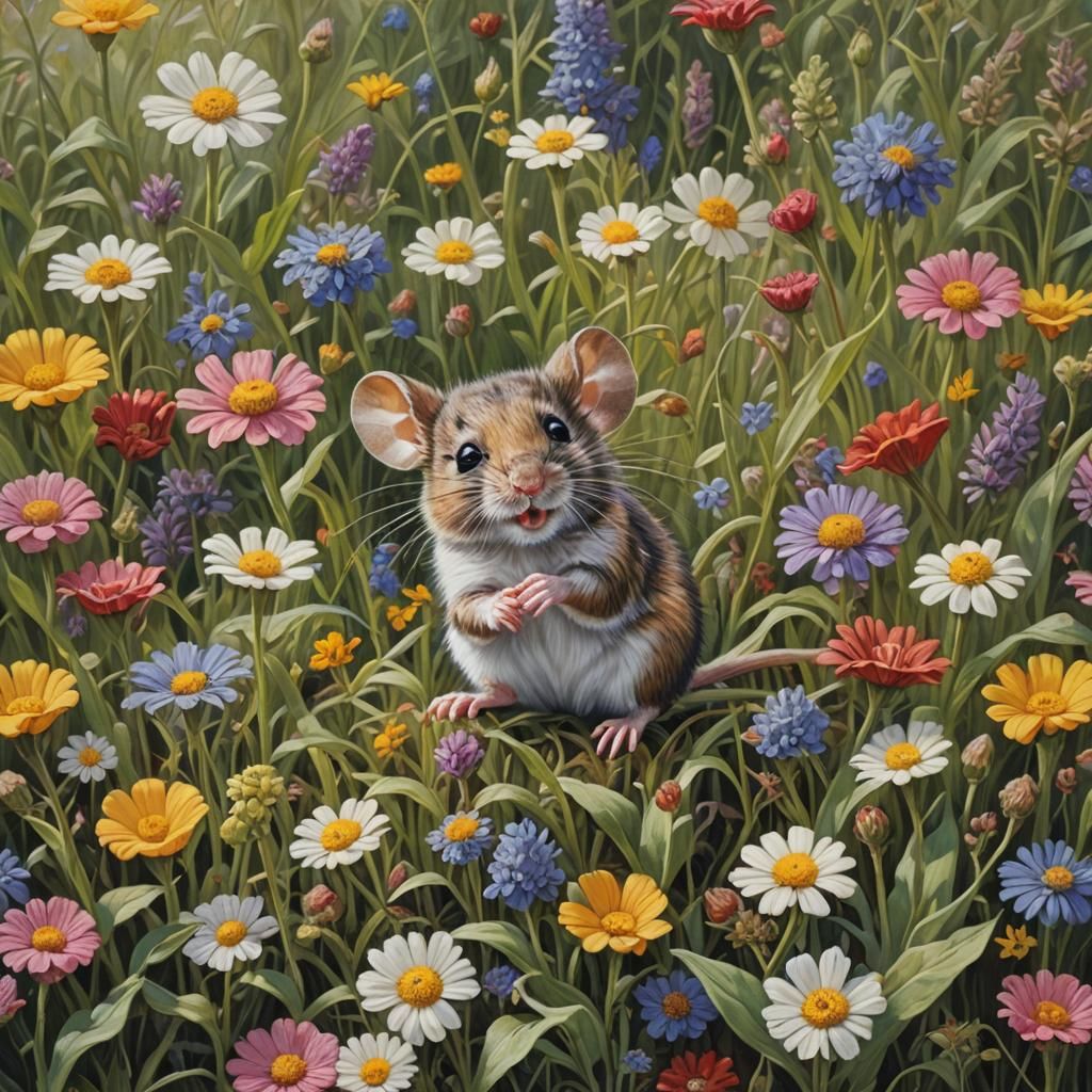 Adorable Mouse in Colorful Flower Meadow, Oil Painting