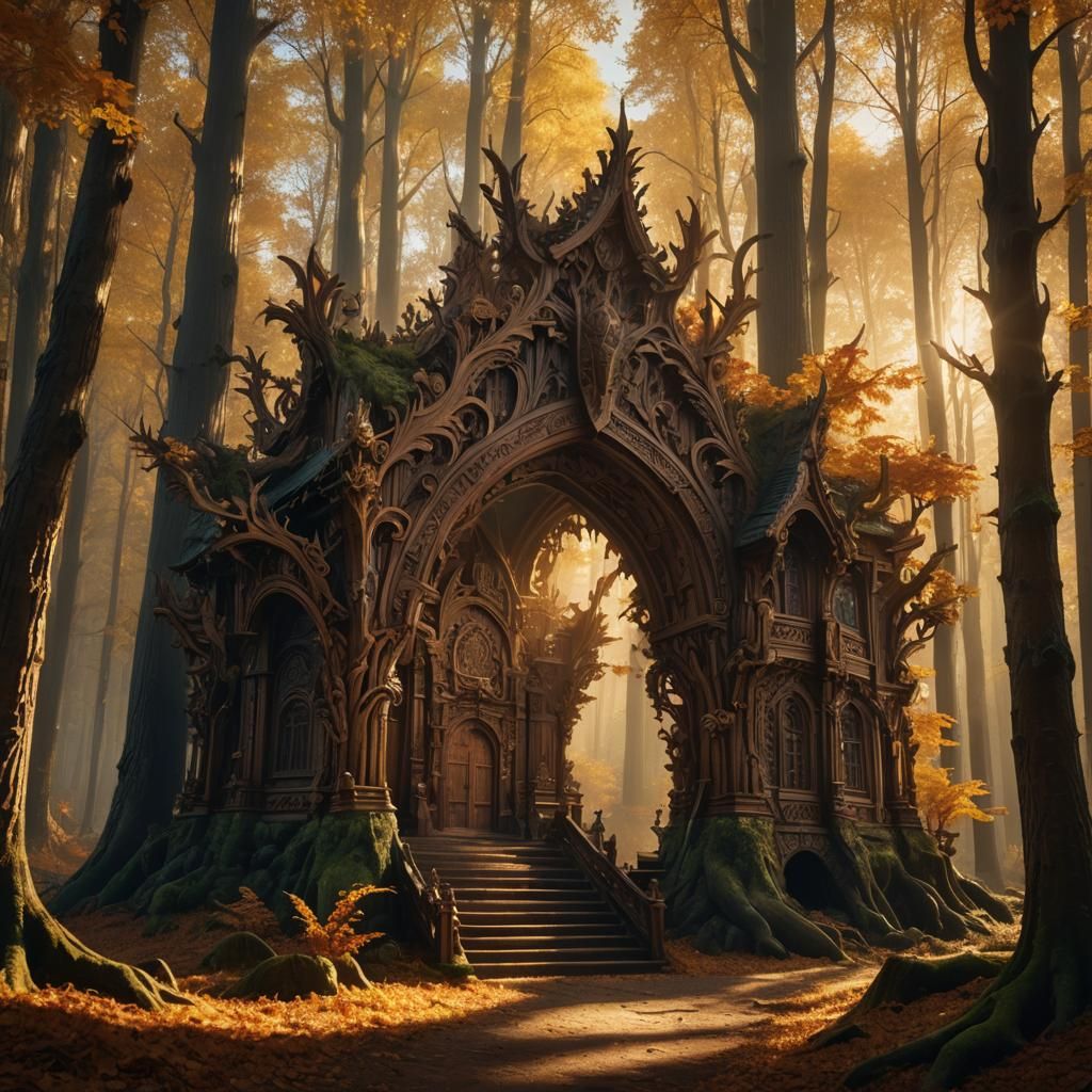 Epic Wooden Carving in Autumn Forest, Digital Art