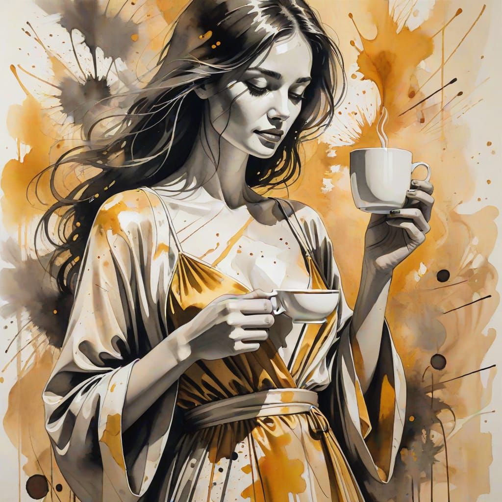 Woman with Coffee and Pencils in Expressionist Style