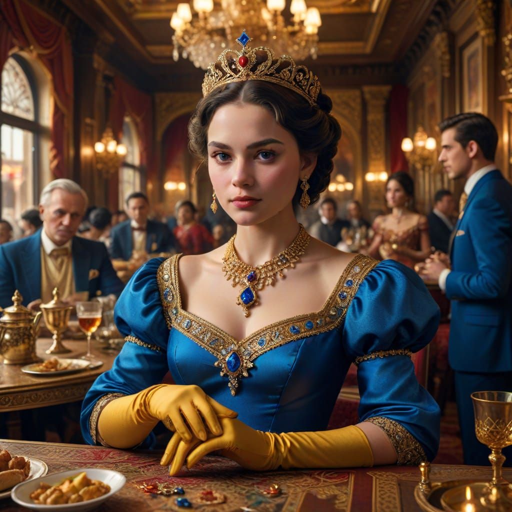 Queen Bussing Tables in Restaurant: Vivid Digital Art