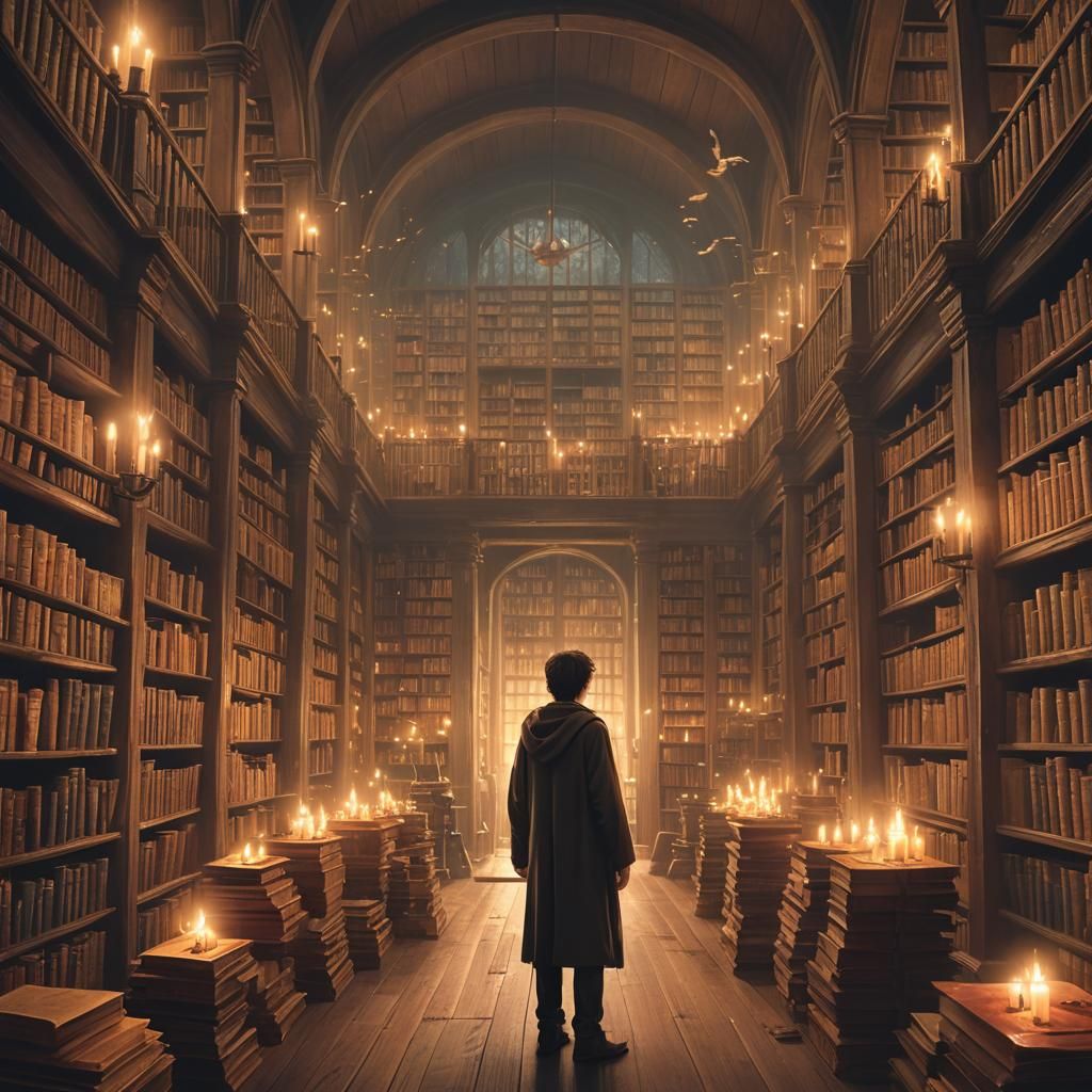 Harry Potter in Mystical Library: Cinematic Fantasy Art