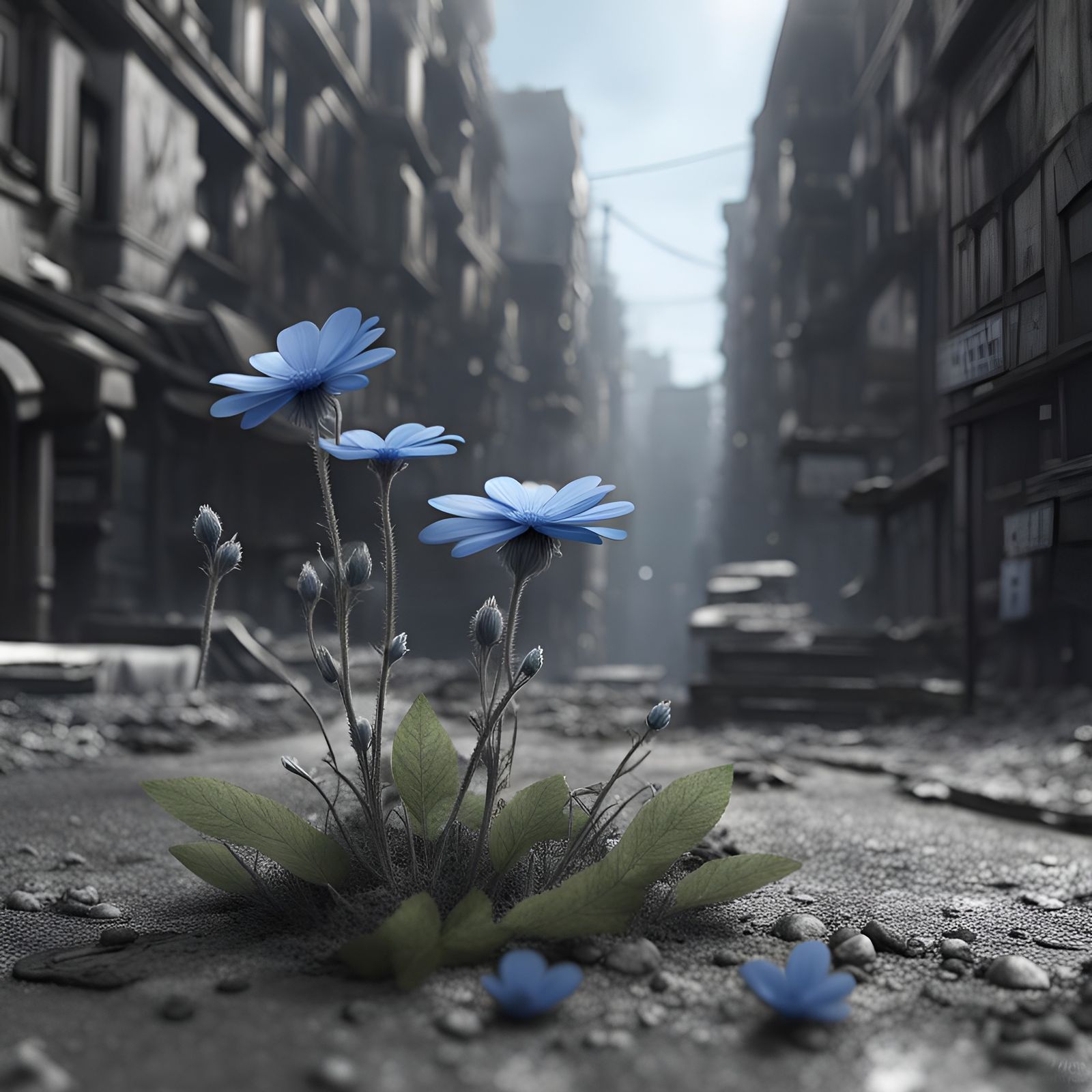 Blue Flower in Grayscale City: Color Splash Art