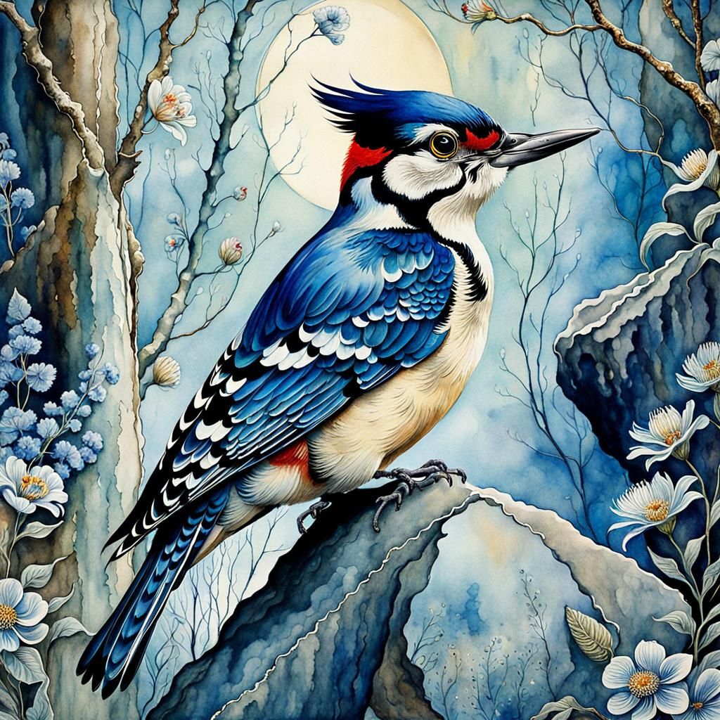 Whimsical Woodpecker Watercolor with Floral Motifs