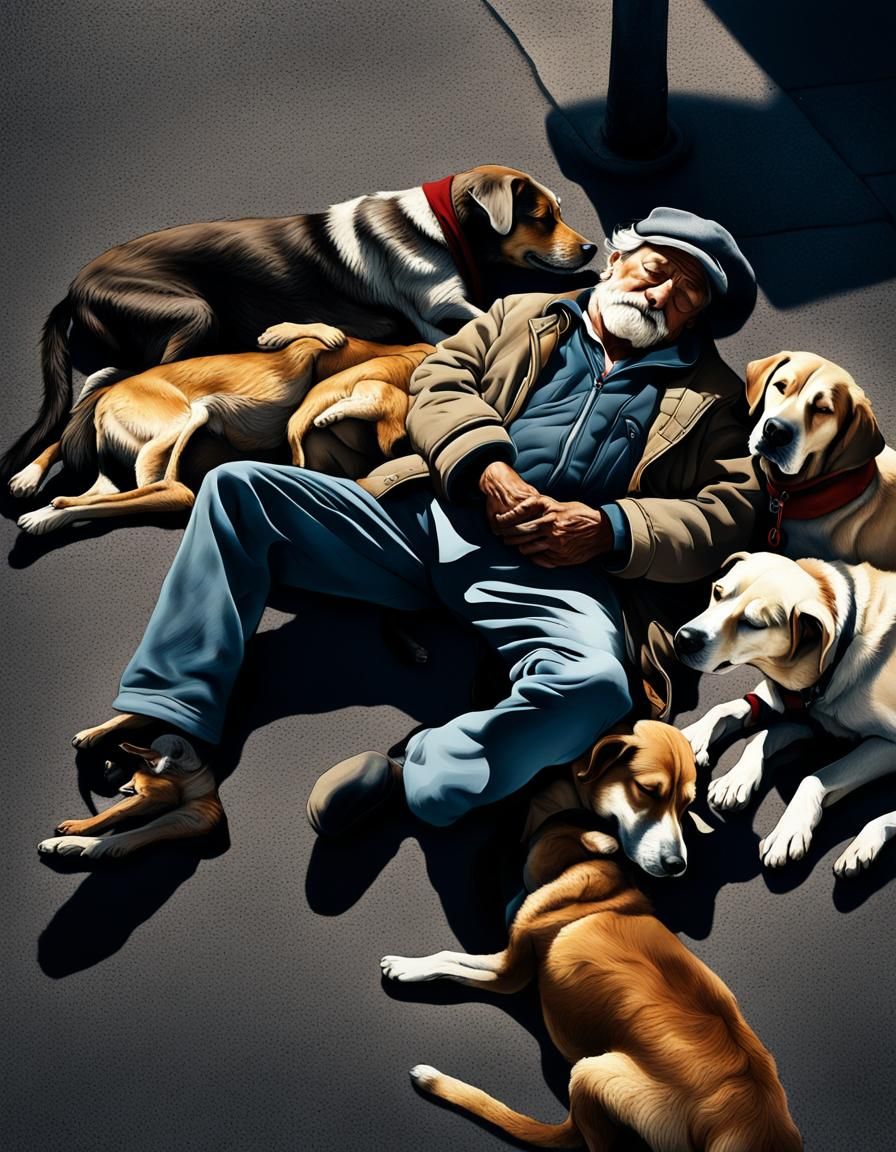 Homeless Man Sleeps with Dogs: Photorealistic Street Scene
