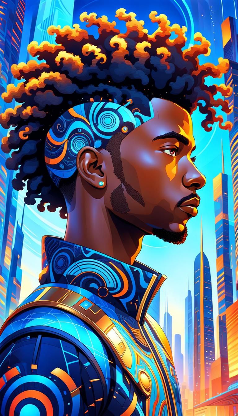Abstract Afrofuturism: Vibrant Portrait in Glowing City