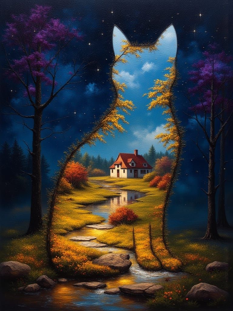 Ghostly Cat Hologram with Fall Micro Landscape