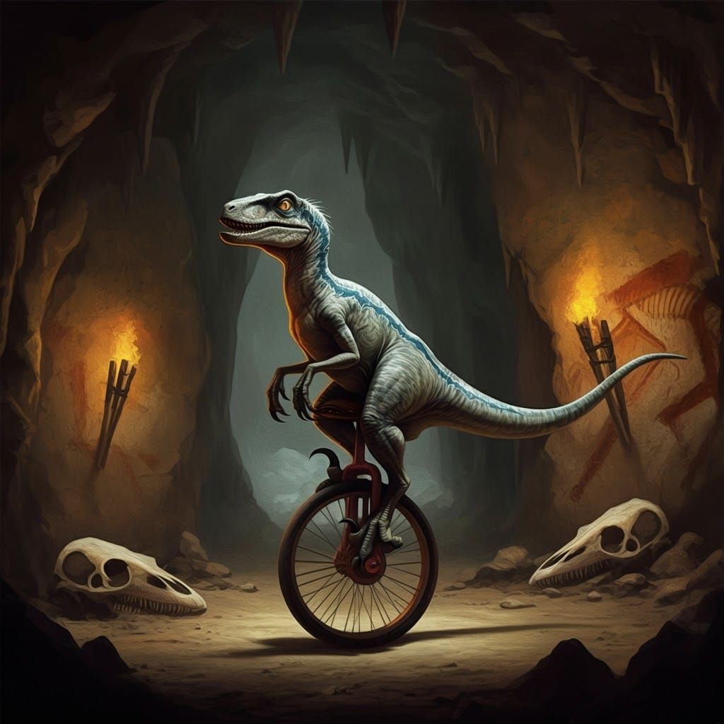 Velociraptor on Unicycle: Cave Painting Style