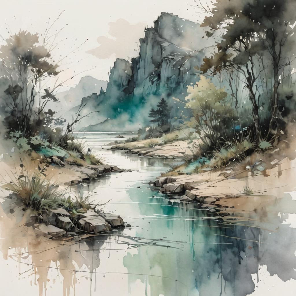 Serene Ink Line Art Landscape in Soft Ash Gray and Green Ton...