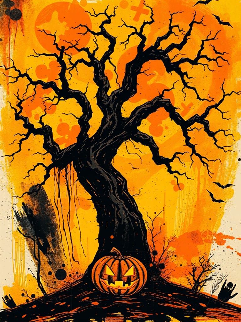 Halloween Tree with Abstract Ink Splatters, Pop Art