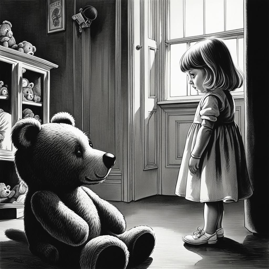 Girl and Scary Teddy: Brookes-Style Illustration
