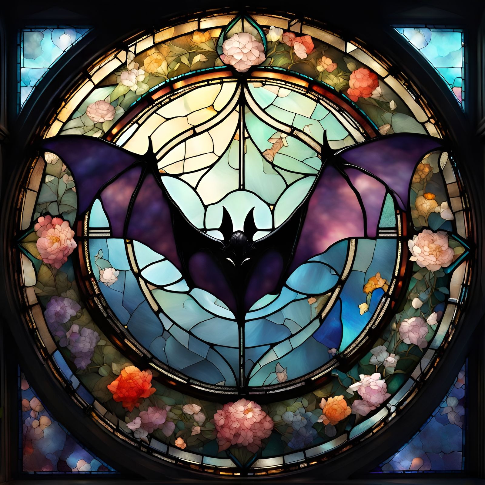 Stained Glass Bat and Flowers in Circular Window
