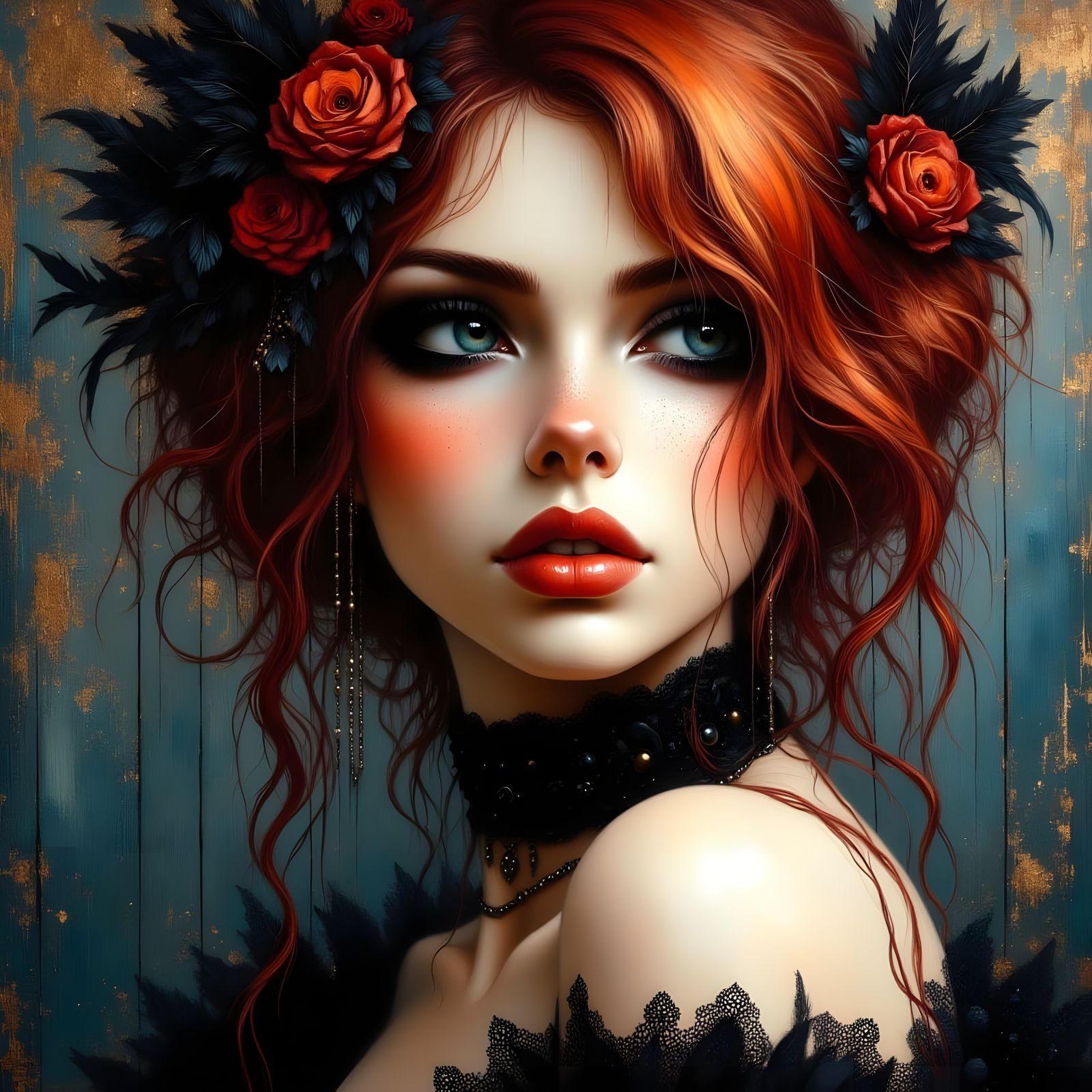 Romantic Goth Portrait of Sun Goddess with Dark Red Hair