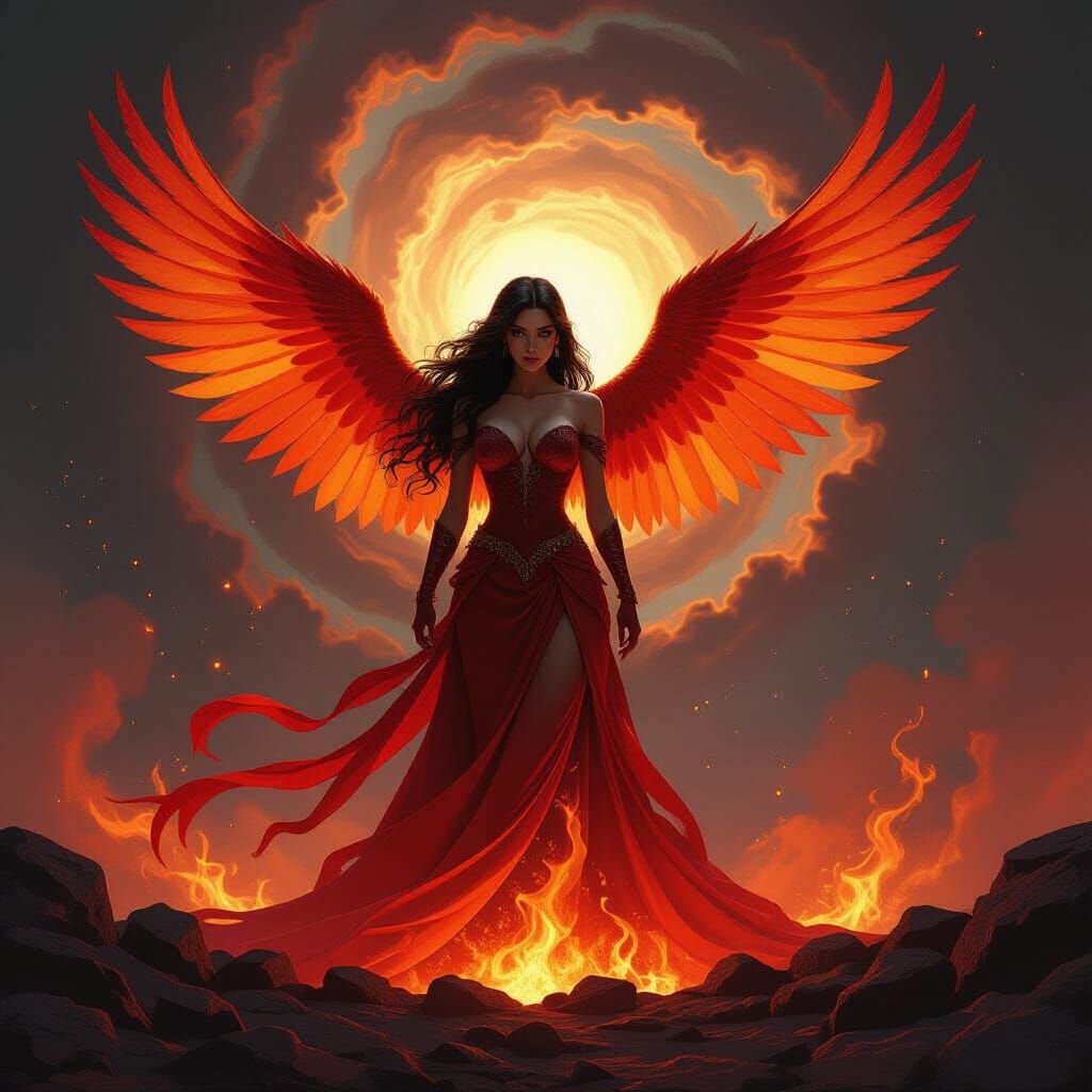 Majestic Phoenix Girl Rises From Embers in Fantasy Art Style