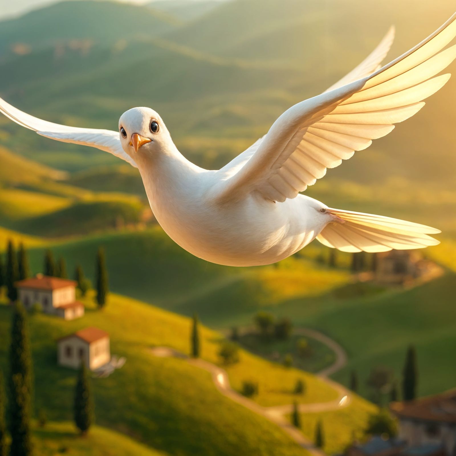 A Close-Up Disney Dove in Flight Over Tuscan Countryside
