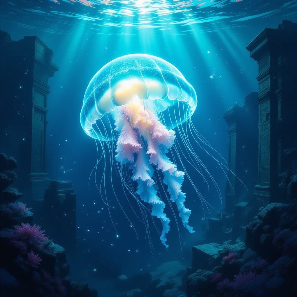 Bioluminescent Jellyfish in Abyssal Ruins, Fantasy Concept A...