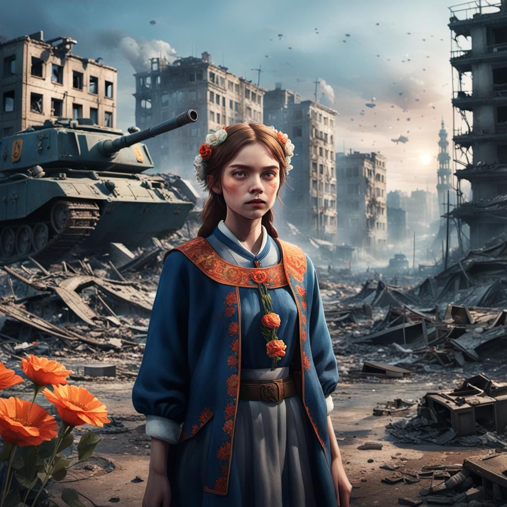 Ukrainian Girl in War-Torn Cityscape: Concept Art