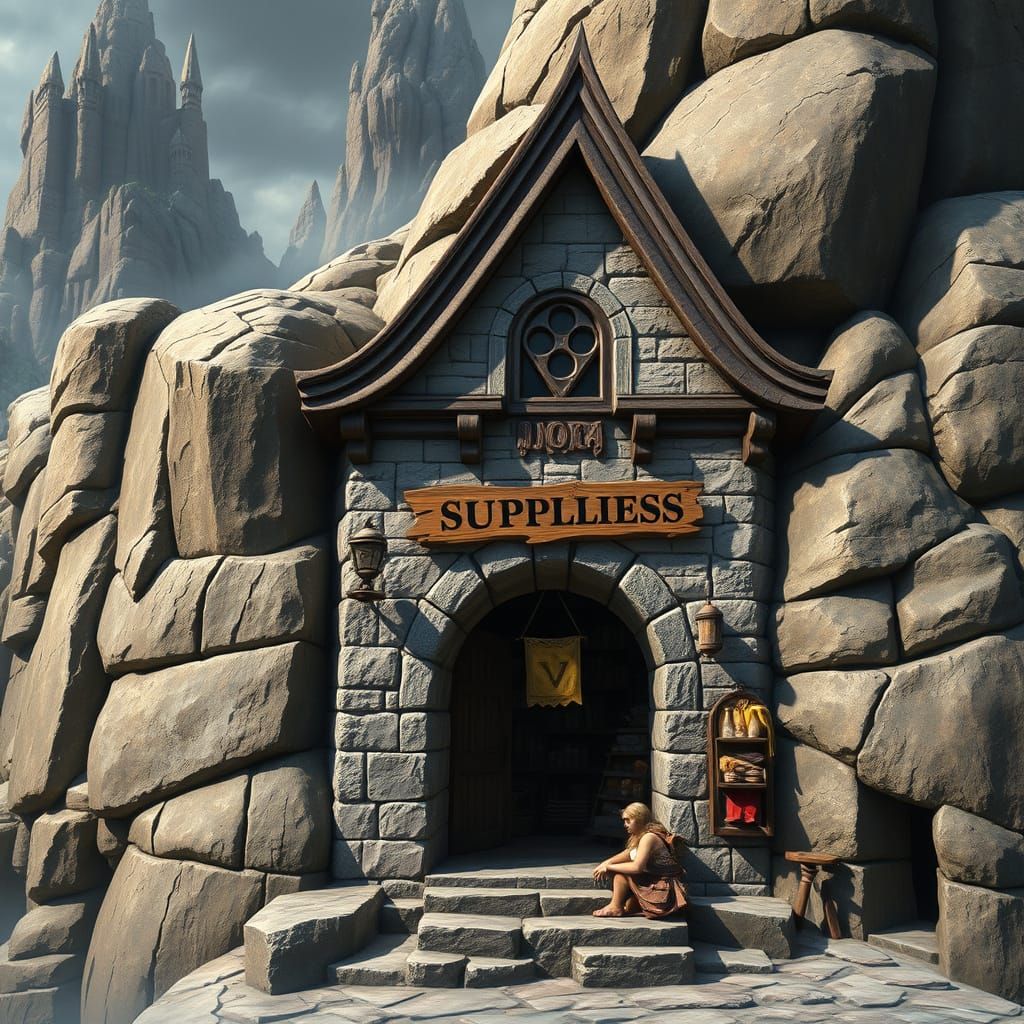 Medieval Dwarven Fortress Supplies Store in Fantastical Ston...