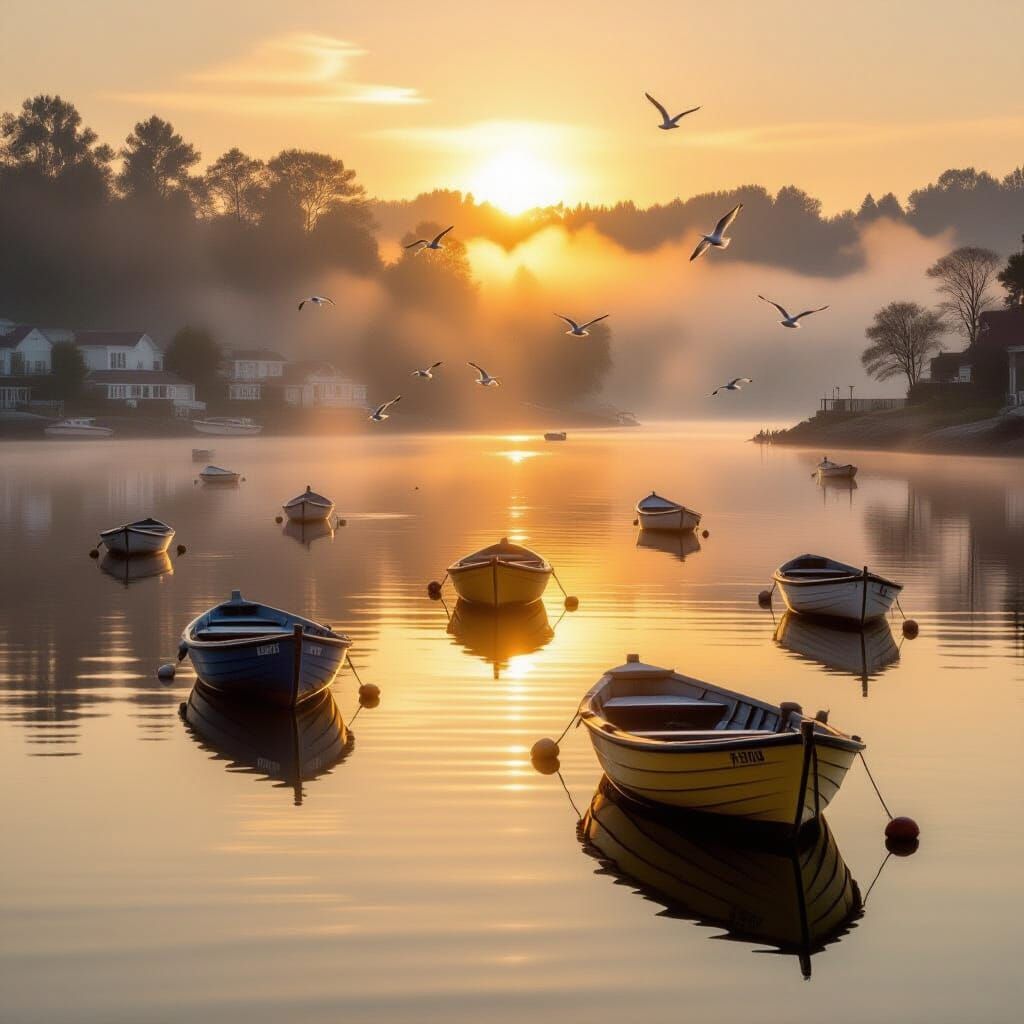Golden Harbor at Dawn: Boats, Seagulls, Mist