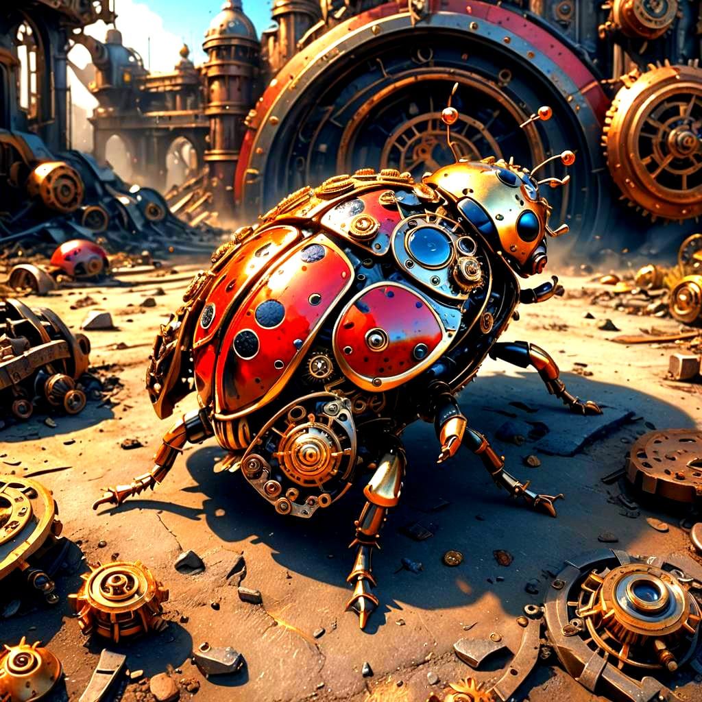 Steampunk Ladybug on Battlefield in Hyperrealistic 3D
