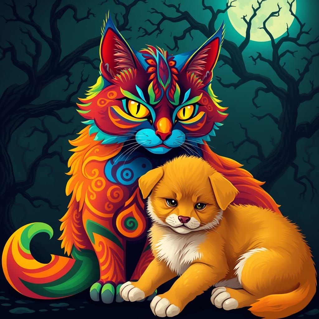Majestic Cat Enraged by Playful Puppy in Whimsical Fantasy L...