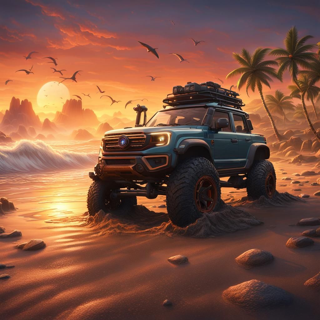 Four-Wheel Drive Drifting on Beach at Sunset