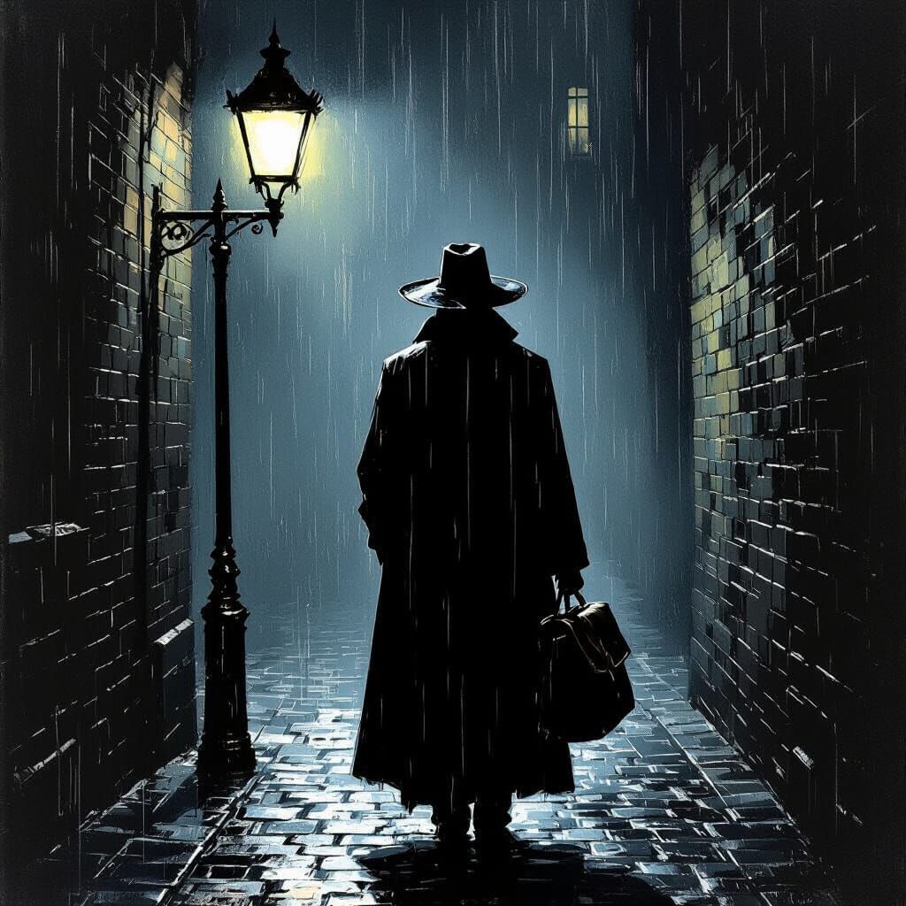 Cloaked Figure in Noir Alleyway with Gas Lamp