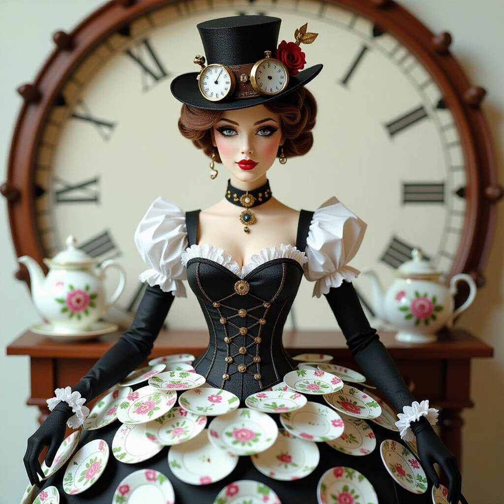 Steampunk Papercut Woman with Teacup Dress
