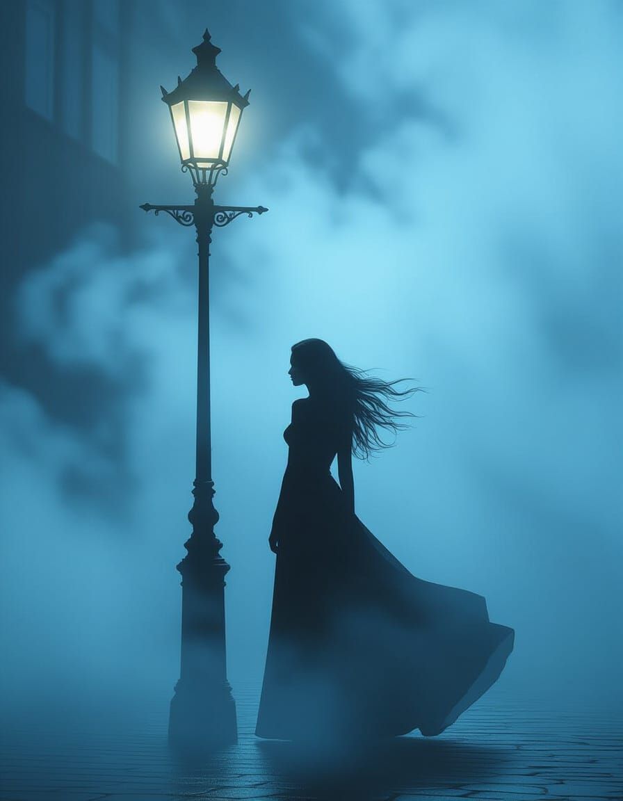 Ethereal Woman in Fog, Futuristic Landscape