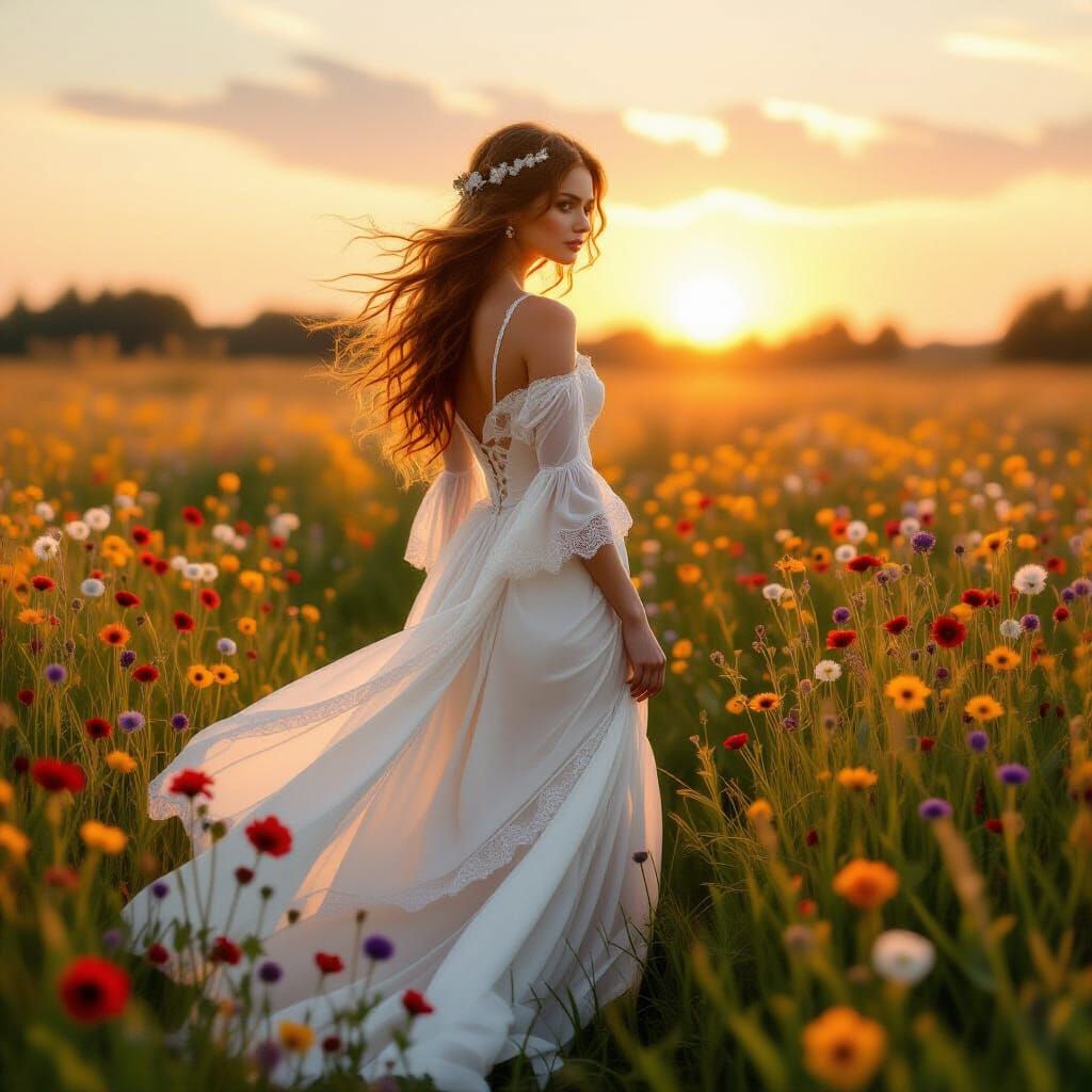 Woman in Wildflower Field, Pre-Raphaelite Style