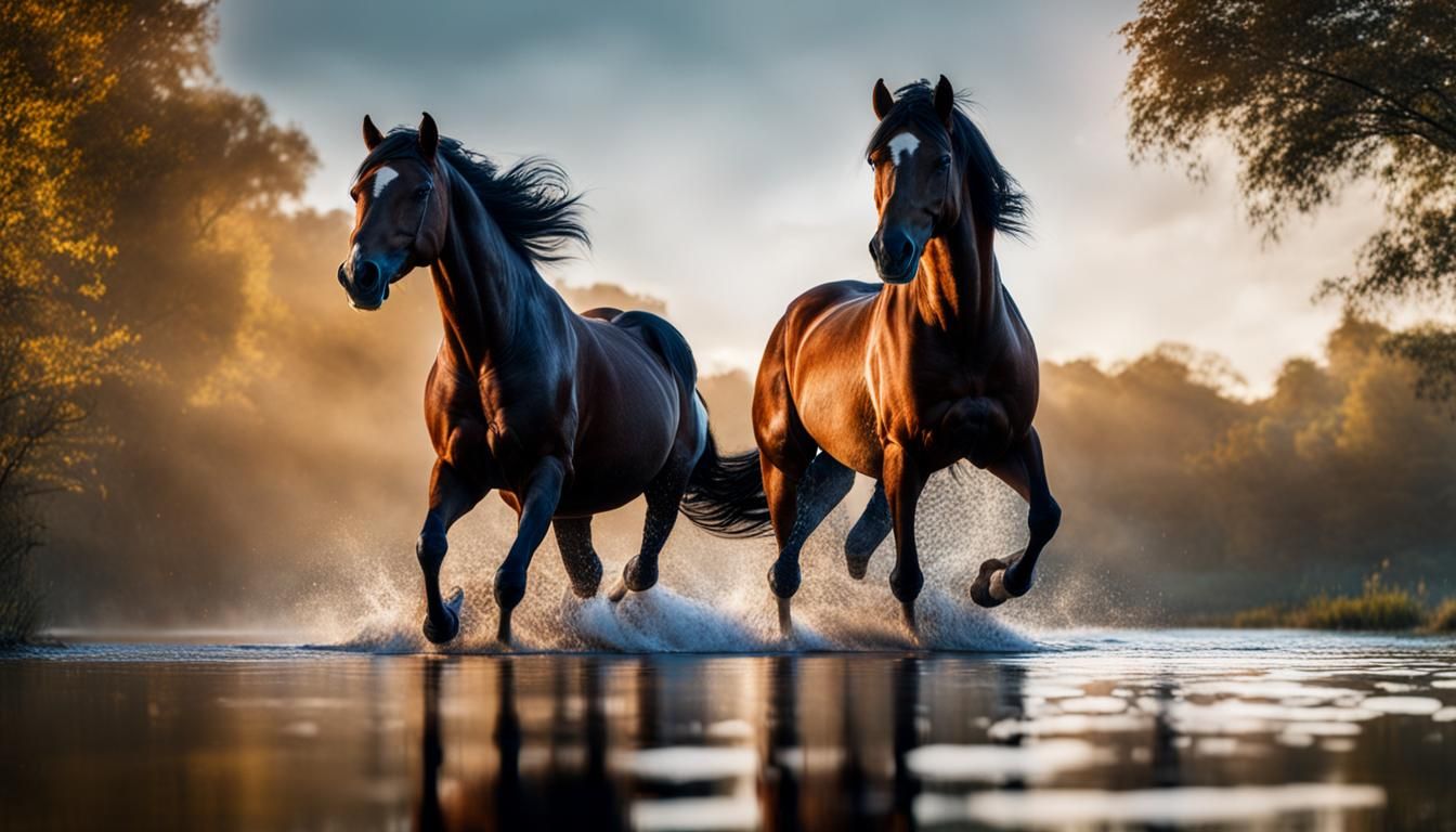 Horses in Lake: Cinematic Hyperrealistic Photography