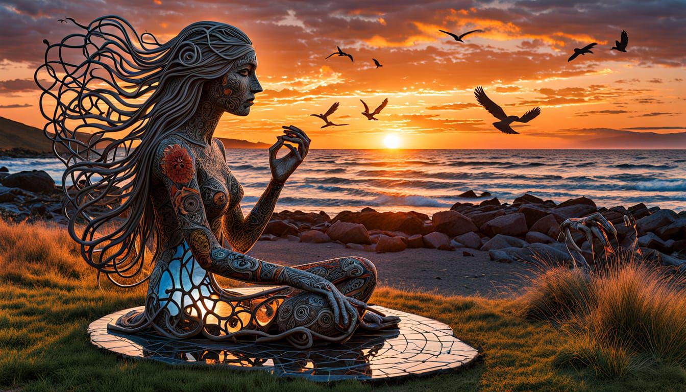 Surreal Fragmented Sculpture of Woman at Sunset