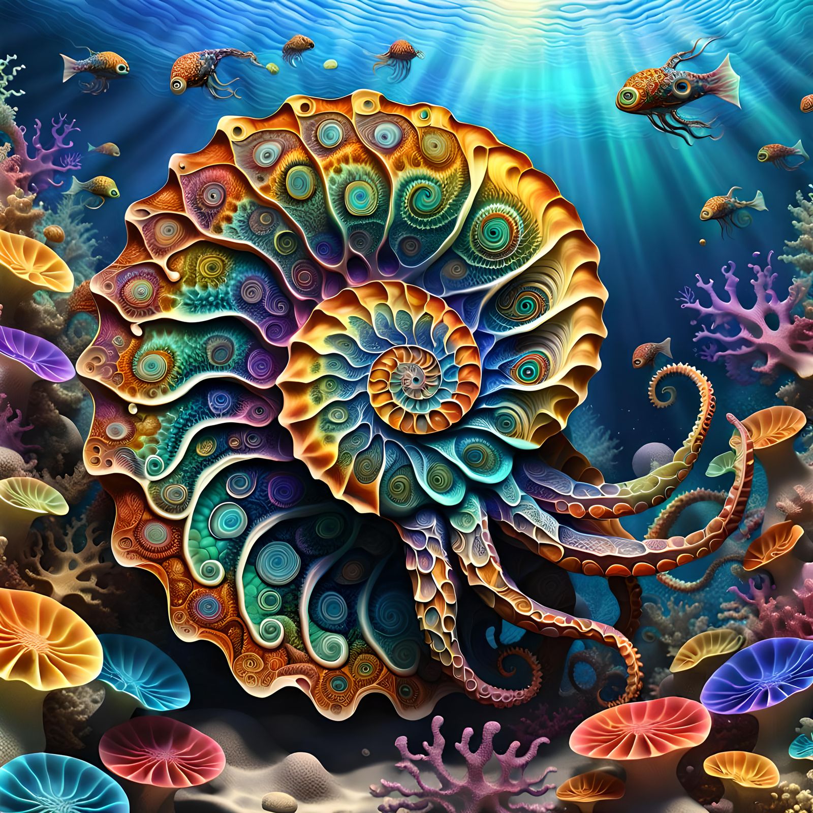Prismatic Fractal Ammonite in Prehistoric Ocean
