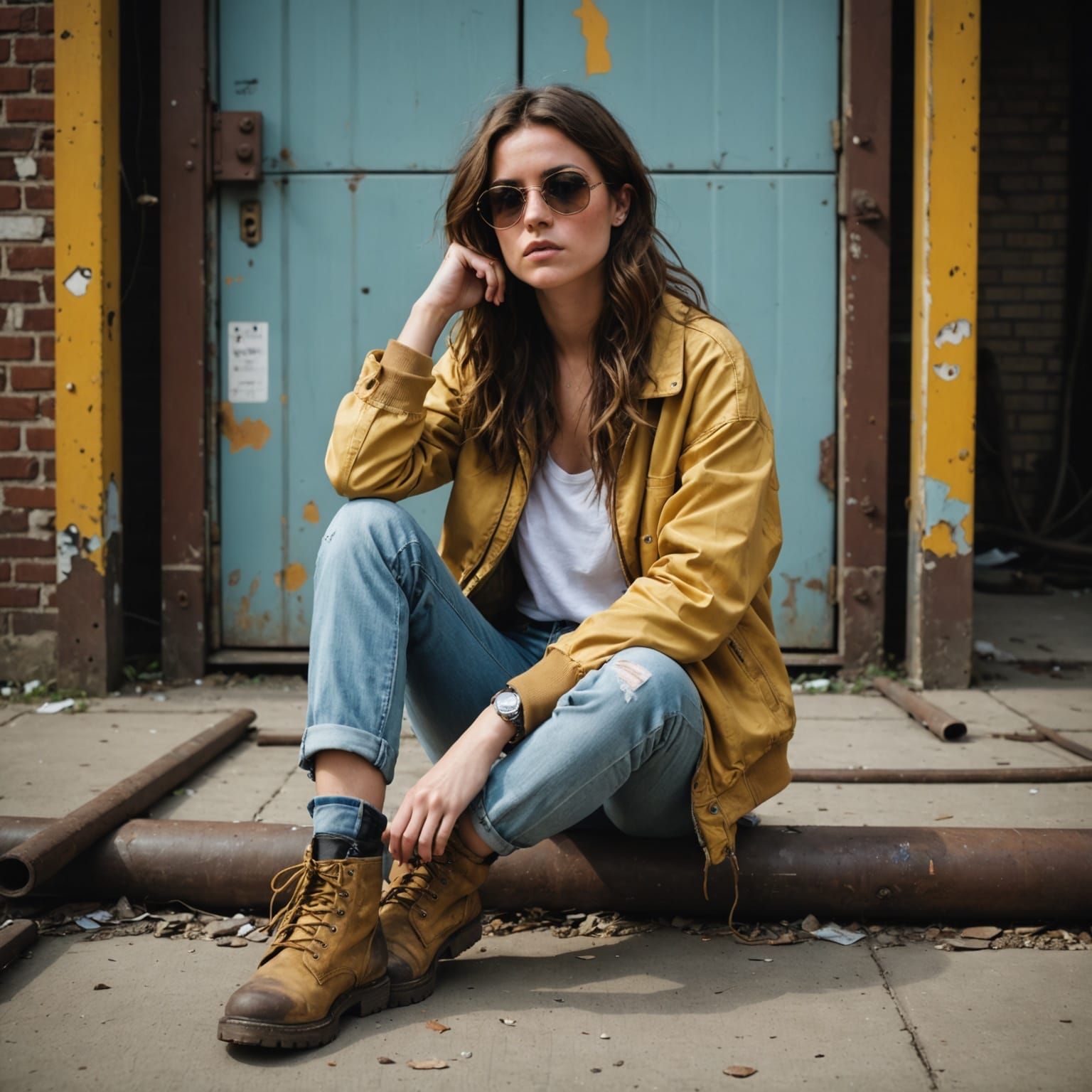 Urban Woman Relaxing in a Gritty Setting