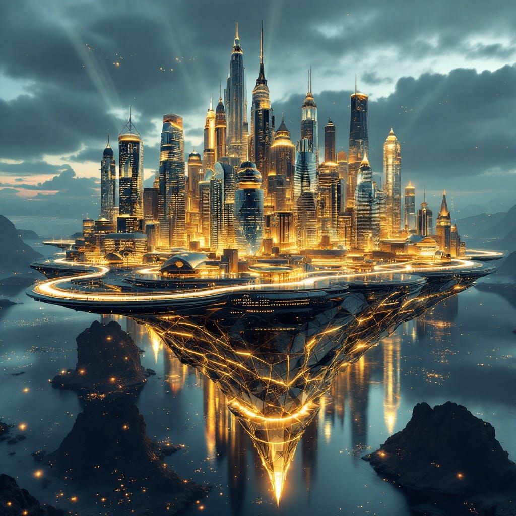 Surreal Floating City Radiates Golden Glow in Photorealistic...