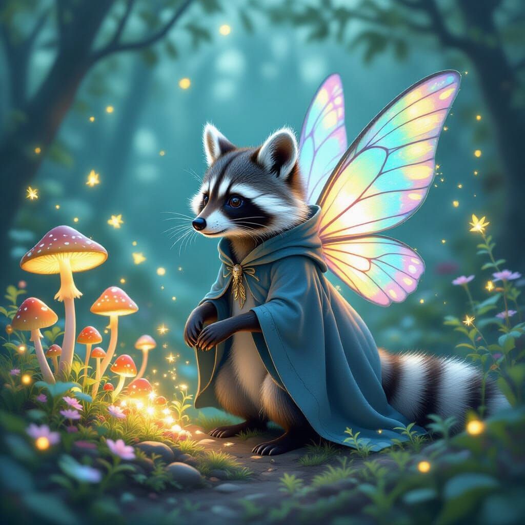 Fairy Raccoon in Magical Garden, Impressionistic Style