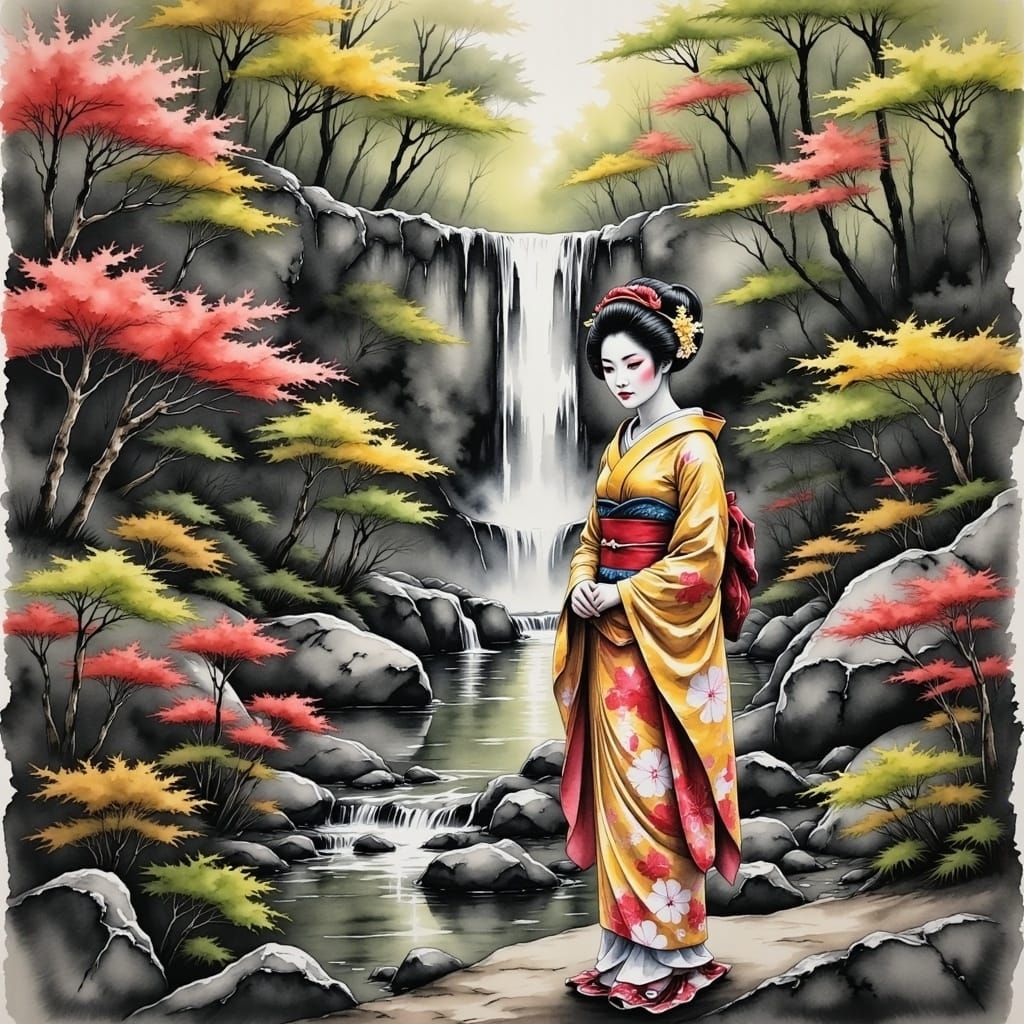 Geisha in Waterfall Garden, Ashy Ink Charcoal Style
