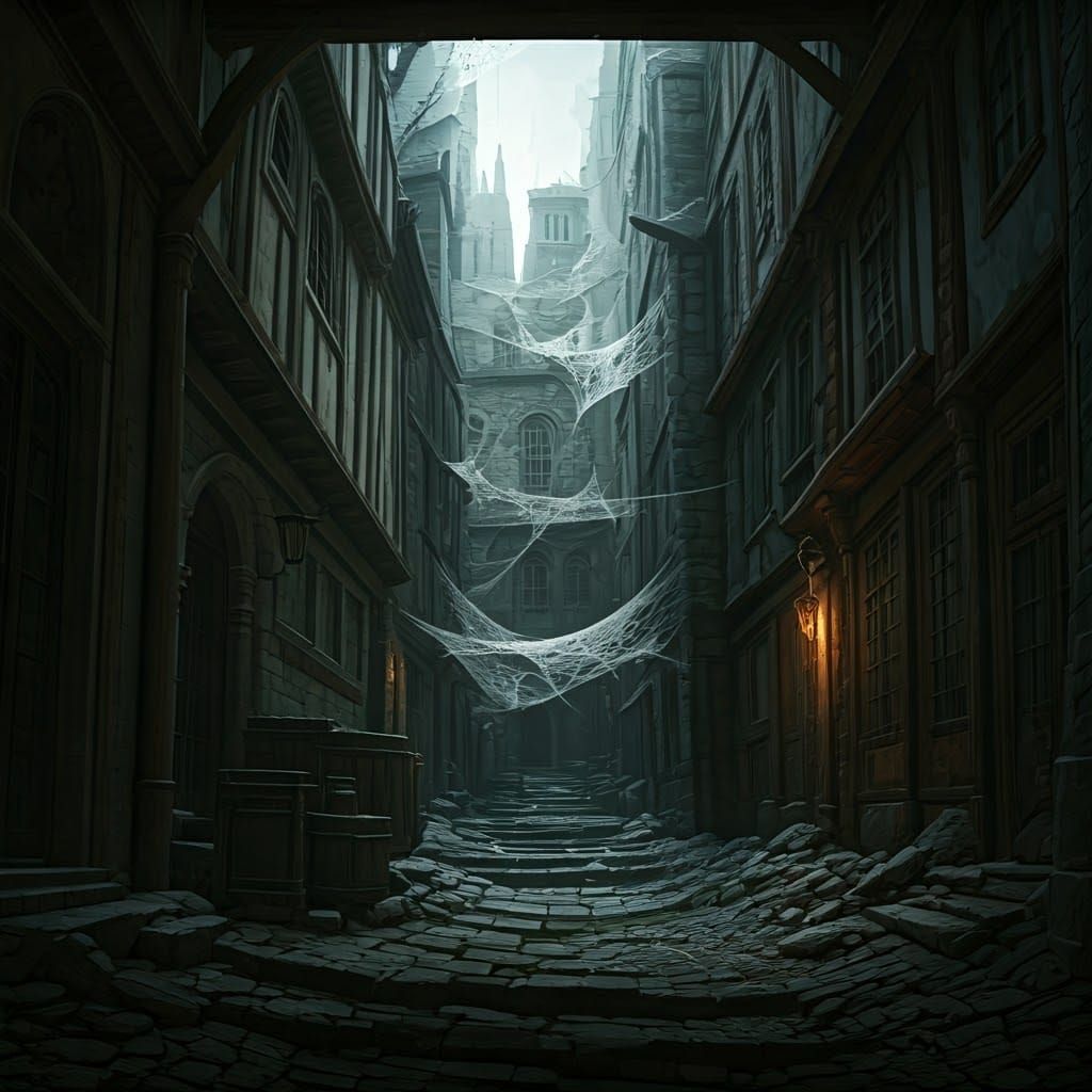 Abandoned Medieval City Alleys with Spiderwebs, Detailed Mat...